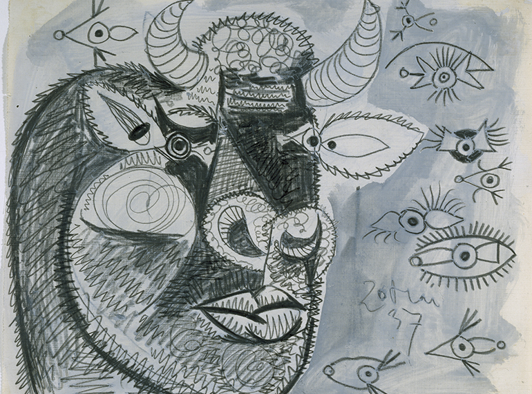 Testa di toro con studi di occhi. Schizzo per “Guernica” (20 maggio 1937), matita, guazzo su carta telata